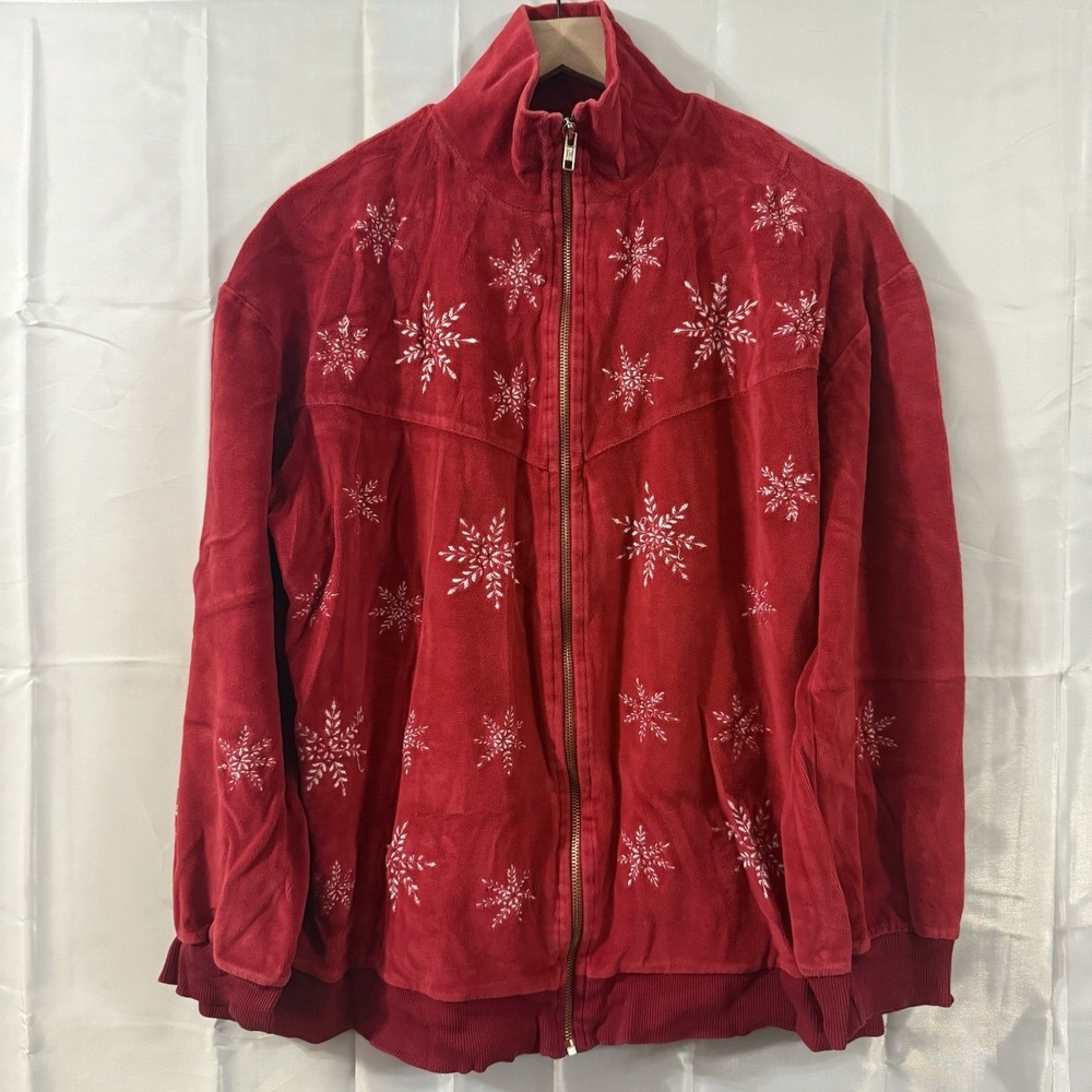 Vintage Womens XL Red Zip‎ Up Terry Jacket Sweater Snowflakes Holiday Grandma